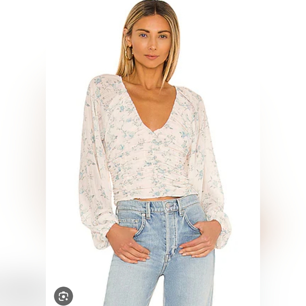 Free People Floral V-Neck Blouse - White and Blue